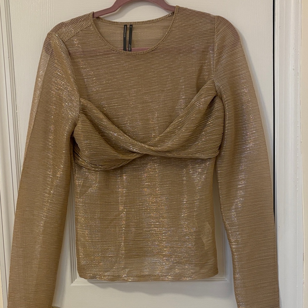 Anthropologie Metallic Twist-Front Long Sleeve Top - Gold